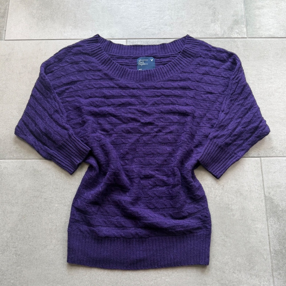 Vintage American Eagle‎ Purple Cable Knit Dolman Short Sleeve Wool Sweater S